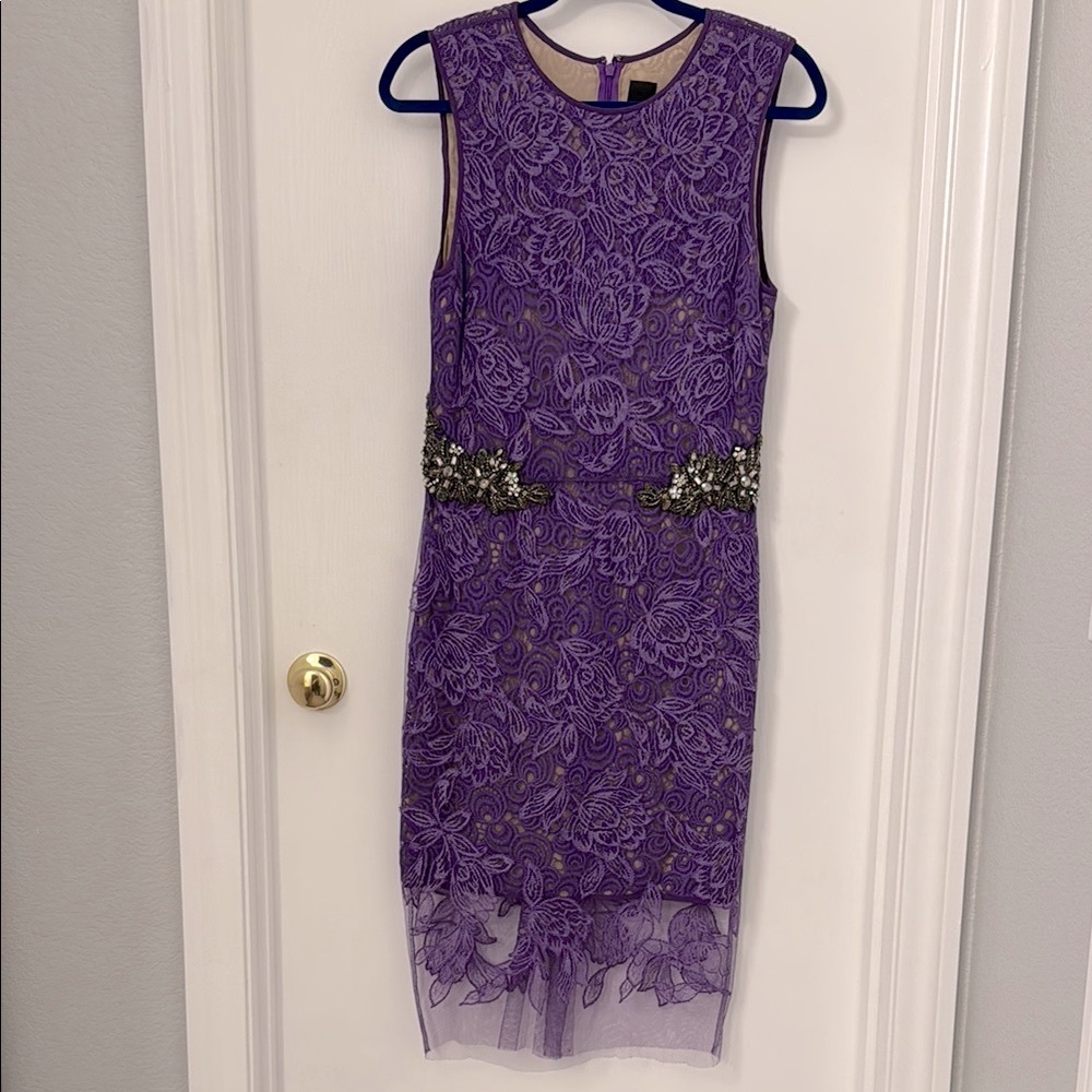 Vera Wang Purple Sheath Midi Dress Sleeveless Crew Neck